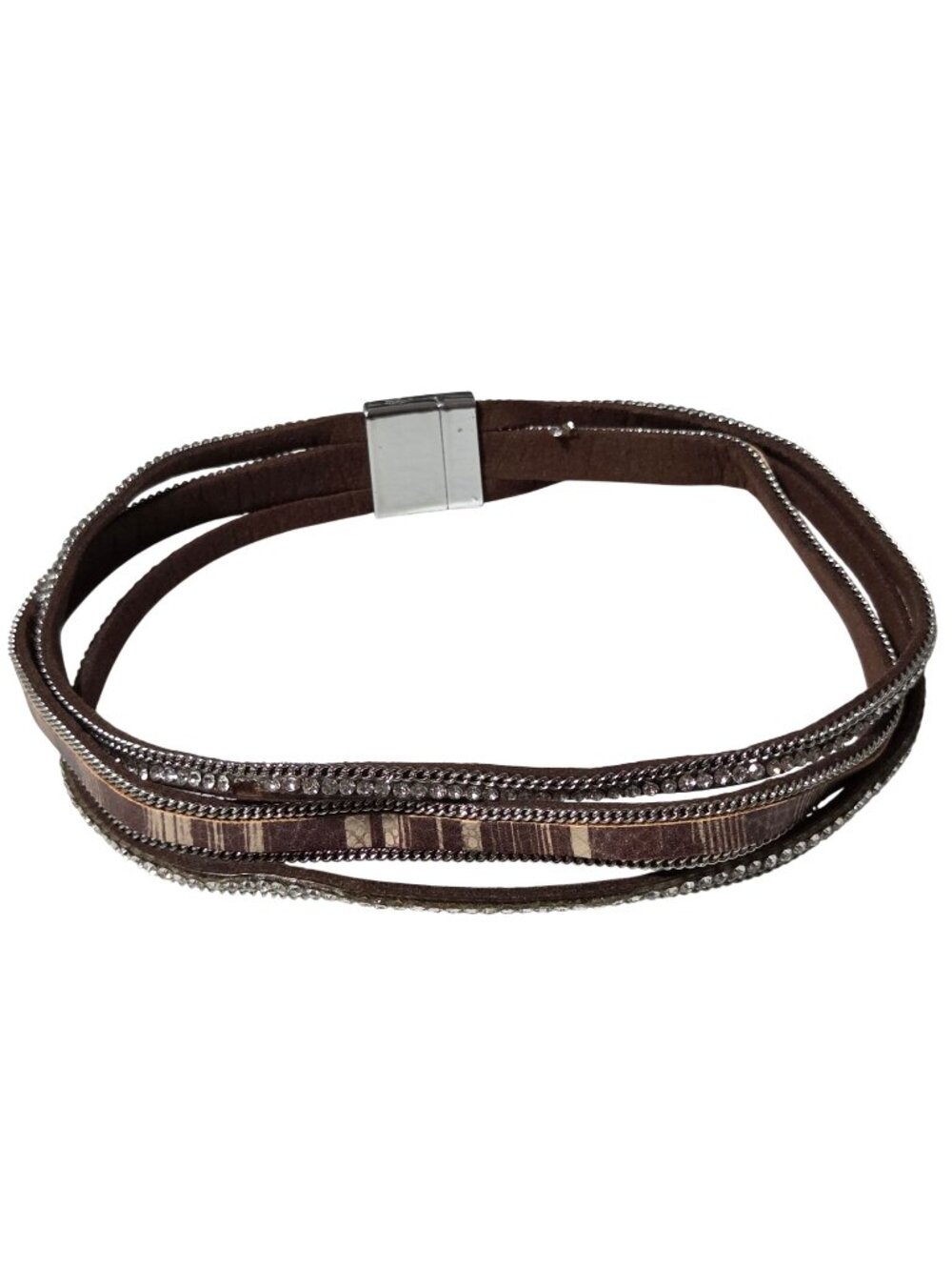 Boho Brown Leather Bracelet Rhinestone Chain Accents Magnetic Clasp Jewelry